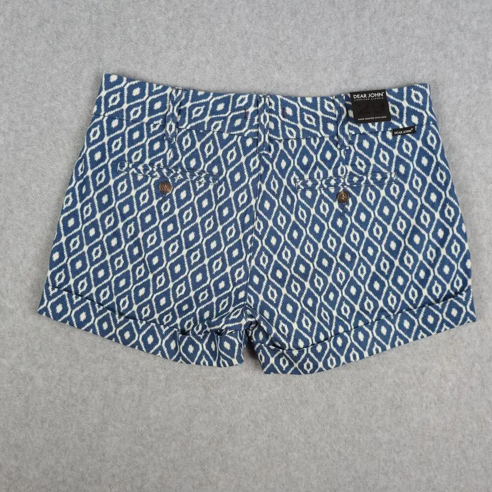 NWT Dear John Womens 29 Blue White Diamond Pattern Finnegan Roll Cuff Shorts - Picture 2 of 16